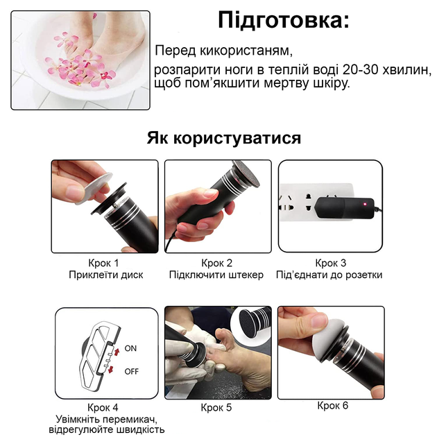 Профессиональная электрическая пилка для педикюра Callus Remover 1200 об/мин 36W Electric foot callus remover FCR-2 черная - изображение 2