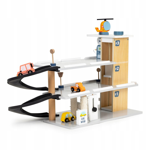 Duży drewniany garaż parking EcoToys z windą + autka helikopter myjnia 1088 (5905817000265) - obraz 5