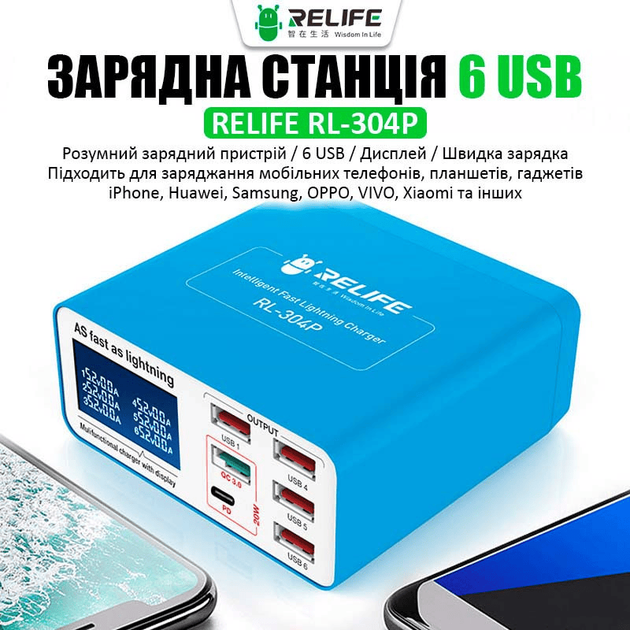 Швидка зарядна станція + бездротова зарядка RELIFE RL-304S (4xUSB, 2xUSB Type-C PD3.0, 2xUSB QC3.0, 110W) - Фото 3 Швидка зарядна станція + бездротова зарядка RELIFE RL-304S (4xUSB, 2xUSB Type-C PD3.0, 2xUSB QC3.0, 110W) - зображення 3