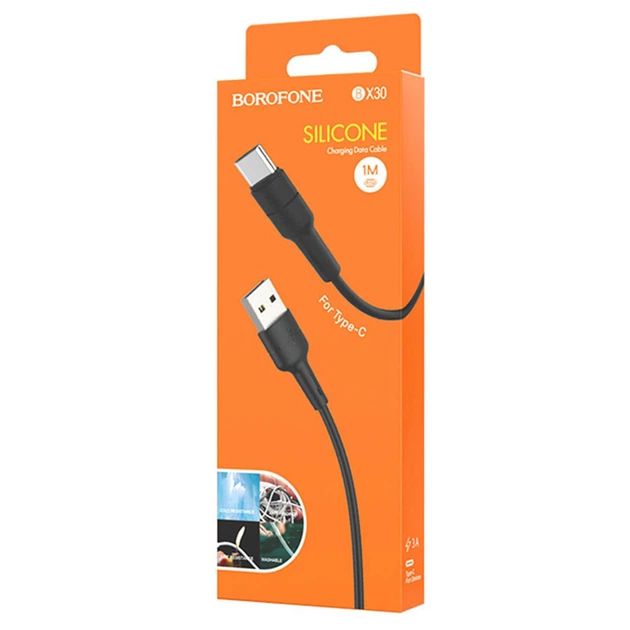 Кабель BOROFONE BX30 USB to Type-C, 3A, 1m, silicone, TPE connectors, Black (6931474706928) - изображение 2