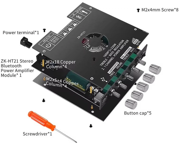Усилитель мощности ZK-HT21 Wuzhi 2.1 Bluetooth 160Вт×2 + 220Вт