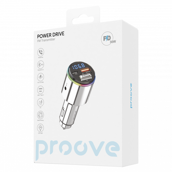 Автомобільний FM-трансмітер (модулятор) Proove Power Drive Silver (Bluetooth 5.3/AUX) із швидкою зарядкою Type-C&USB (PD+QC3.0) 30W, сріблястий - зображення 5