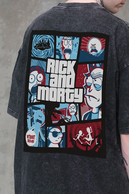 Чоловіча Виварена Оверсайз Футболка Washed З Принтом Rick and Morty Black S/M (8049612) - изображение 2
