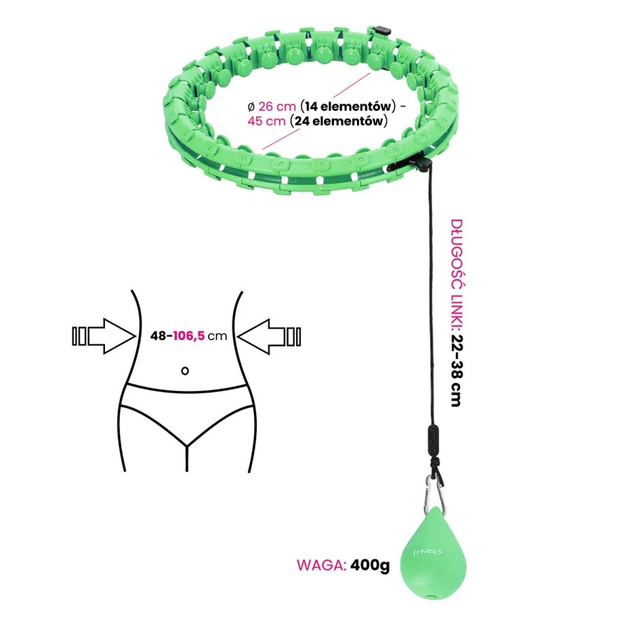 Zestaw HMS Hula-hop HHW01 zielony z wypustkami, obciążnikiem i pasem BR163 czarno czerwony (5907695552782) - obraz 10