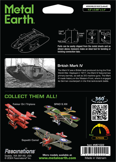 Металлический 3D конструктор Fascinations Metal Earth Британский танк Mark IV (ME1022) - изображение 8