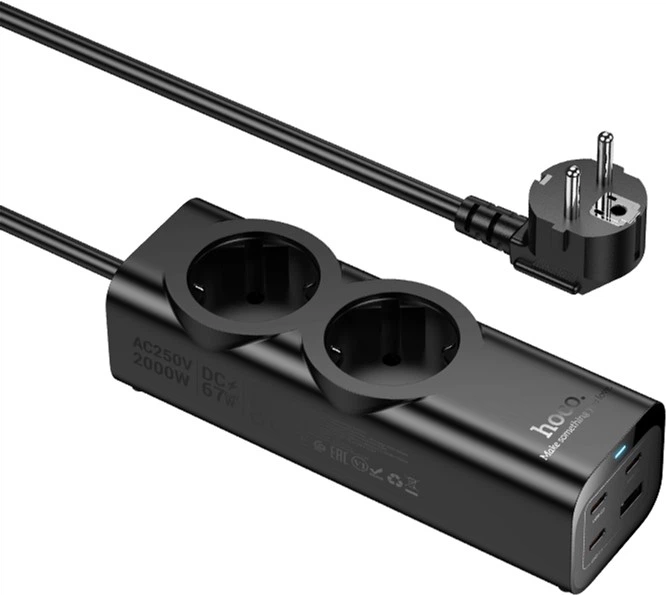 Мережевий подовжувач Hoco NS10 Wisdom 2-position (PD67W/3C1A) desktop socket (EU/GER) Black (6942007638500) - зображення 4