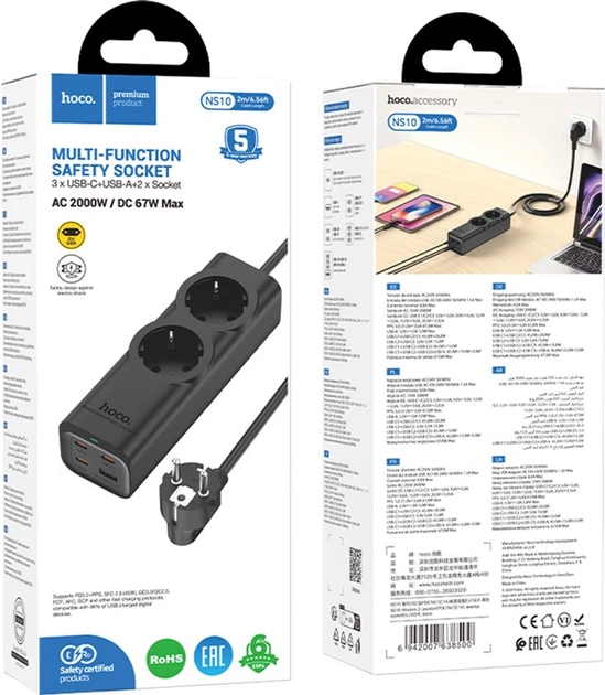 Мережевий подовжувач Hoco NS10 Wisdom 2-position (PD67W/3C1A) desktop socket (EU/GER) Black (6942007638500) - зображення 7