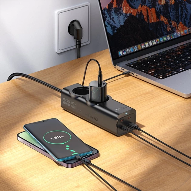 Мережевий подовжувач Hoco NS10 Wisdom 2-position (PD67W/3C1A) desktop socket (EU/GER) Black (6942007638500) - зображення 8