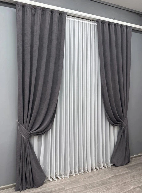 Комплект готовых штор VR-Textil Микровелюр Petek YL №1706ш Графитовый 100х295 см 2 шт (31-796) - изображение 3