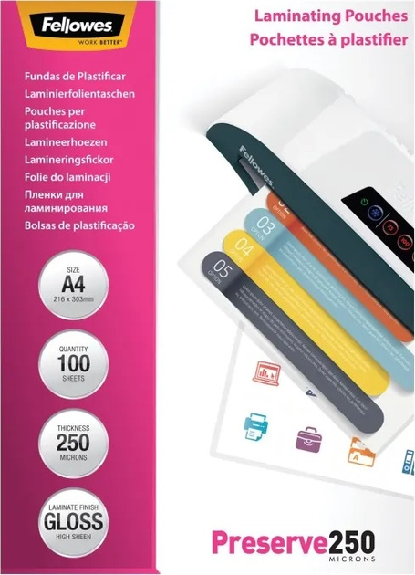 Folie do laminowania Fellowes błyszczące 250 mikronów A4 100 szt. (77511540189) - obraz 1