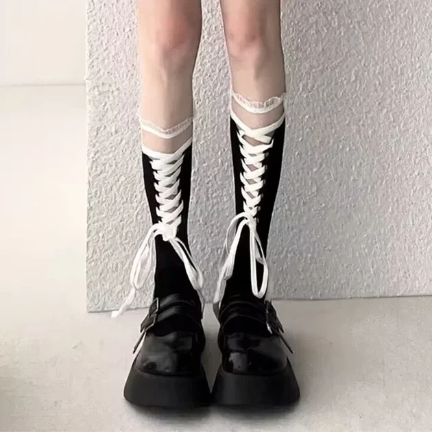 Гольфы длинные кружевные ажурные на завязках черно белые One size - изображение 2
