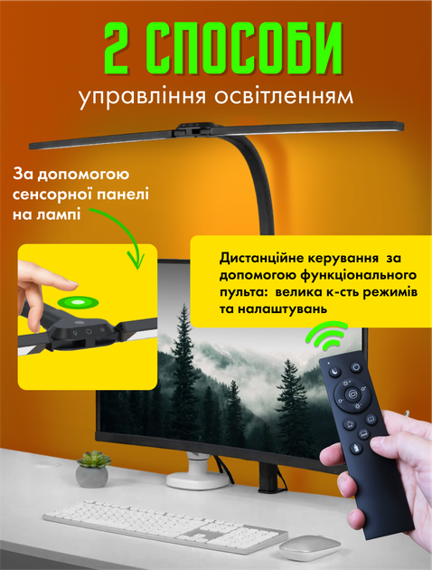 Настольная бестеневая лампа для компьютера монитора офисная трансформер светодиодная led десктоп лампа скринбар для рабочего стола с пультом ДУ регулировкой температуры света и яркости (2LED-24W) - изображение 3
