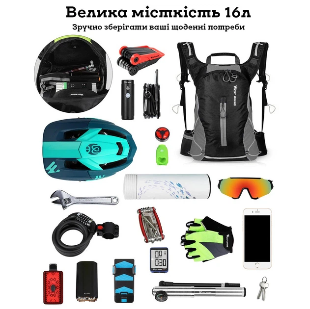 Велосипедний рюкзак West Biking YP0707246 16L водонепроникний Жовтий - зображення 10