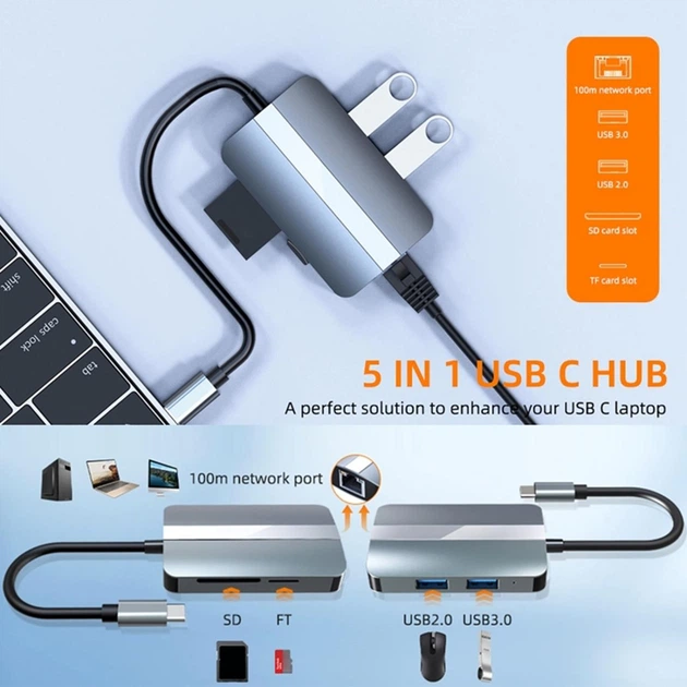Мережева карта Deepfox-2112 Type C 5 in 1 алюмінієва hub картридер RJ45 мережевий адаптер 100 Мбіт/с - зображення 3