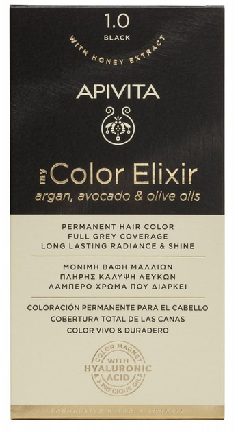 Фарба для волосся Apivita My Color Elixir 1.0 Black 50 мл + Проявник 75 мл + Кондиціонер 2х15 мл + Одноразові рукавички + Інструкція (5201279076962) - зображення 1