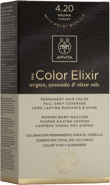 Фарба для волосся Apivita My Color Elixir 4.20 Фіолетово-коричнева 50 мл + Проявник 75 мл + Кондиціонер 2х15 мл + Одноразові рукавички + Інструкція (5201279077259) - зображення 1