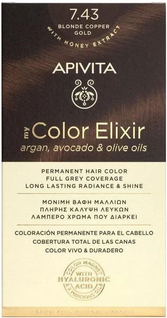 Фарба для волосся Apivita My Color Elixir 7.43 Blonde Copper Gold 50 мл + Проявник 75 мл + Кондиціонер 2х15 мл + Одноразові рукавички + Інструкція (5201279081621) - зображення 1