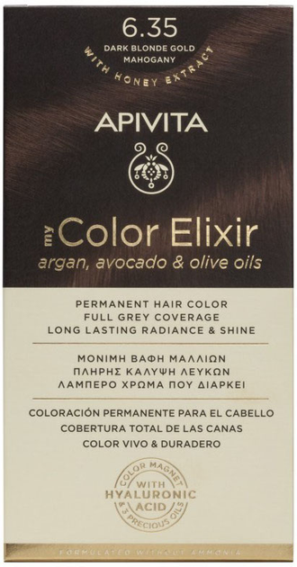 Фарба для волосся Apivita My Color Elixir 6.35 Dark Blonde Gold Mahogany 50 мл + Проявник 75 мл + Кондиціонер 2х15 мл + Одноразові рукавички + Інструкція (5201279077143) - зображення 1