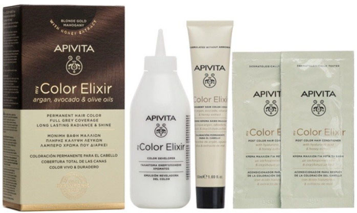 Фарба для волосся Apivita My Color Elixir 6.35 Dark Blonde Gold Mahogany 50 мл + Проявник 75 мл + Кондиціонер 2х15 мл + Одноразові рукавички + Інструкція (5201279077143) - зображення 2