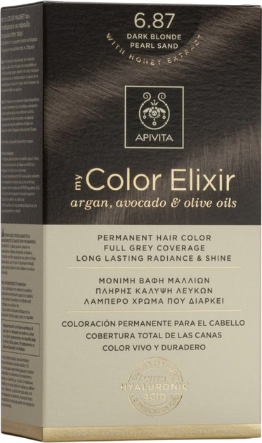 Farba do włosów Apivita My Color Elixir 6.87 Dark Blonde Pearl Sand 50 ml + Utleniacz 75 ml + Odżywka 2x15 ml + Jednorazowe rękawiczki + Instrukcja (5201279077051) - obraz 1