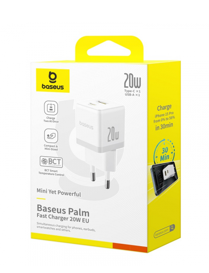 Сетевое зарядное устройство Baseus Palm Type-C+USB 20W P10111608213-00 Белое - Фото 3 Сетевое зарядное устройство Baseus Palm Type-C+USB 20W P10111608213-00 Белое - изображение 3