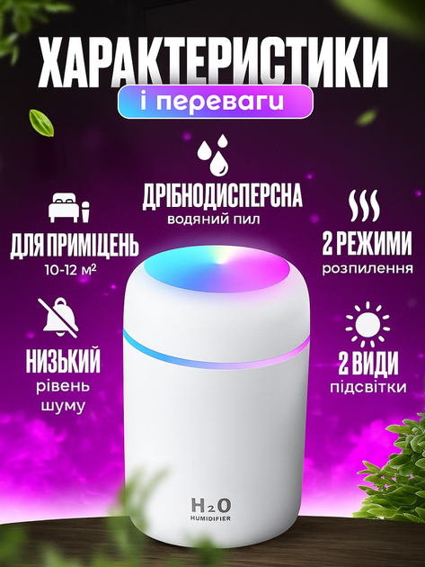 Увлажнитель воздуха мини ультразвуковой портативный Humidifier H2O светодиодный диффузор ночник Белый - изображение 3