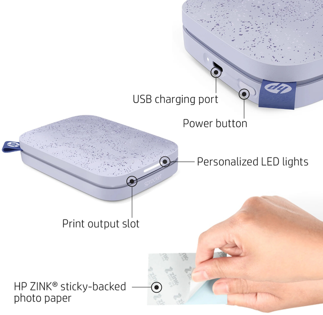 Фотопринтер HP Sprocket 2x3" Sprocket Purple (HPISPPR) + Фотопапір HP Sprocket Zink 2x3" Глянцевий Самоклеючий 20 л у подарунок! - зображення 5