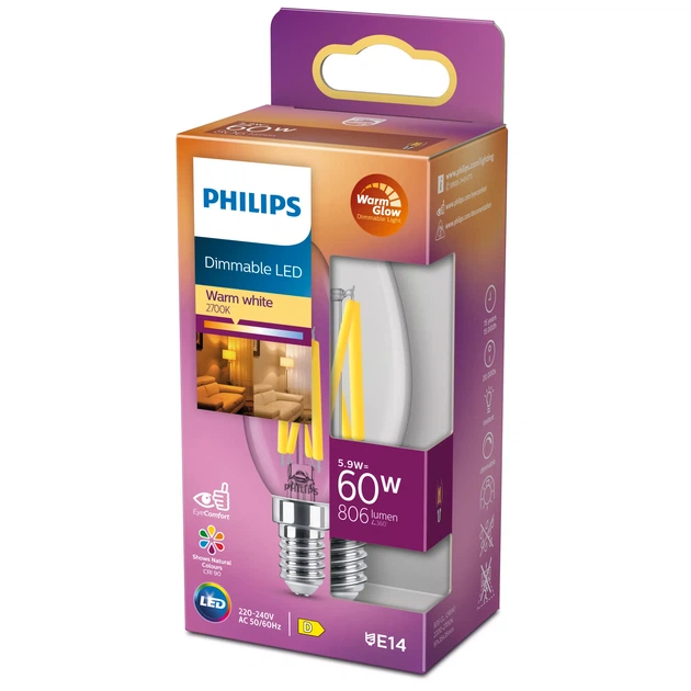 Світлодіодна лампа Philips філаментна B35 5,9Вт E14 2700K (тепле) 806 люменів 929003013901 - зображення 2