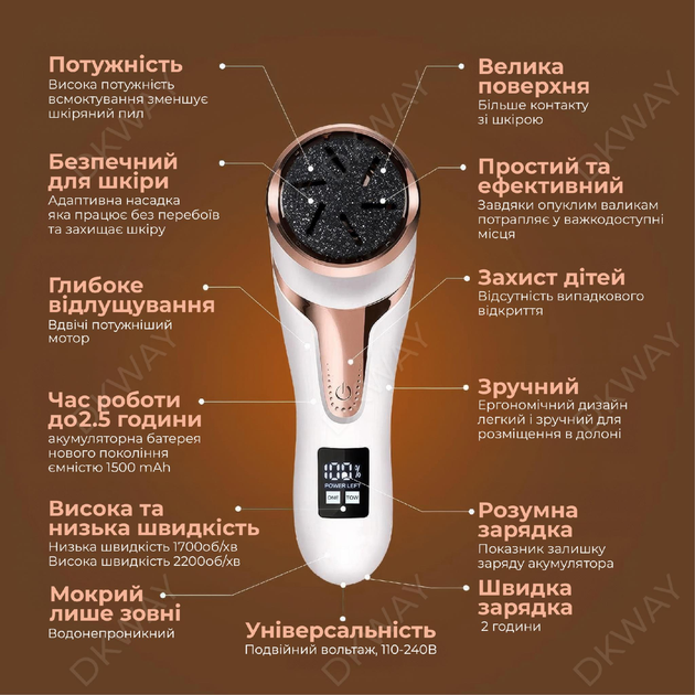 Электрическая пемза для ног пилка для пяток для педикюра с вакуумным пылесосом и LCD дисплеем DKWAY P334i белая + подарок 3 насадки - изображение 11