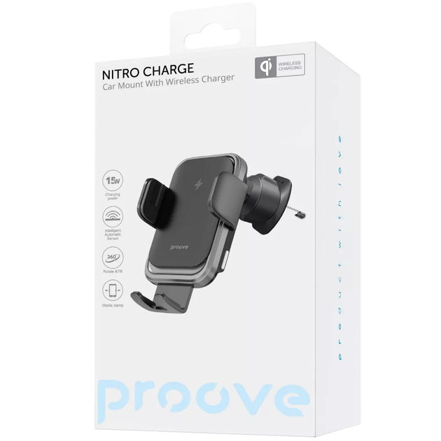 Автомобильный держатель с беспроводной зарядкой Proove Nitro Charge 15W, зажим, на дефлектор, для смартфонов 4–6 дюймов Темно-серый - Фото 2 Автомобильный держатель с беспроводной зарядкой Proove Nitro Charge 15W, зажим, на дефлектор, для смартфонов 4–6 дюймов Темно-серый - изображение 2