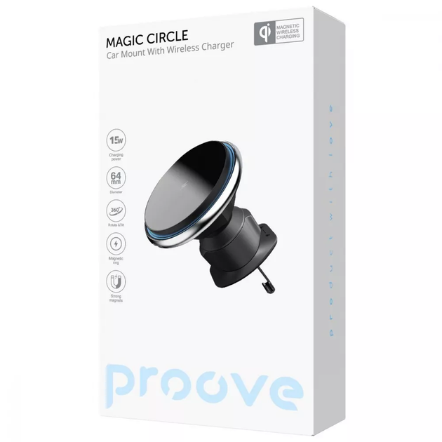 Автомобильный держатель с беспроводной зарядкой Proove Magic Circle 15W, магнитный, на дефлектор, регулировка положения на 360° Silver - Фото 4 Автомобильный держатель с беспроводной зарядкой Proove Magic Circle 15W, магнитный, на дефлектор, регулировка положения на 360° Silver - изображение 4