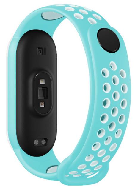Ремешок Nike style для фитнес-браслета Xiaomi Mi Band 6/5 Бирюзовый-белый + металическая кнопка (mrk6579) - Фото 2 Ремешок Nike style для фитнес-браслета Xiaomi Mi Band 6/5 Бирюзовый-белый + металическая кнопка (mrk6579) - изображение 2
