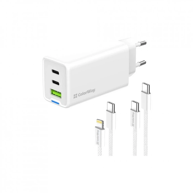 Зарядний пристрій ColorWay GaN Mini 65W PD Port PPS USB (USB-2C1A) cable Type-C&Lightning (CW-CHS058PDCL-WT) (254198) - Фото 4 Зарядний пристрій ColorWay GaN Mini 65W PD Port PPS USB (USB-2C1A) cable Type-C&Lightning (CW-CHS058PDCL-WT) (254198) - зображення 4