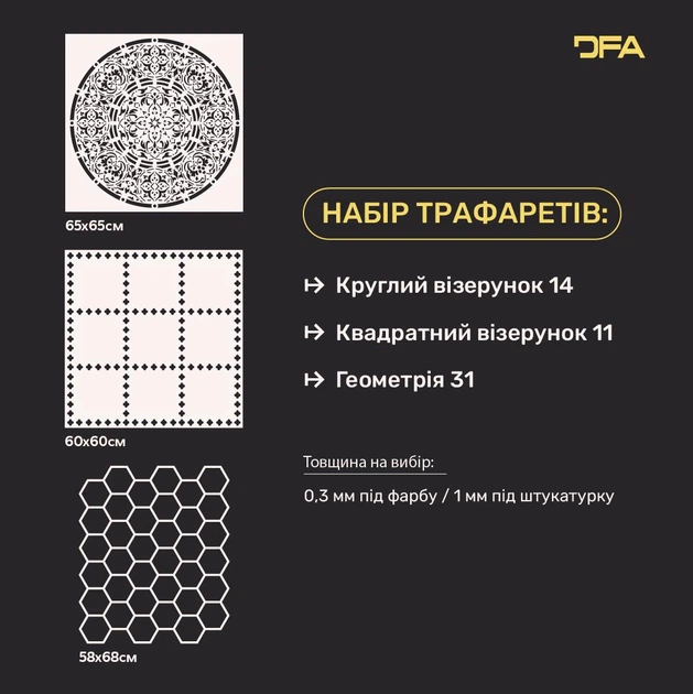 Трафареты узоры DFA геометрия соты, квадратный и круглый стильный декор стен для штукатурки, набор 0,3-1 мм (N00110) - изображение 2