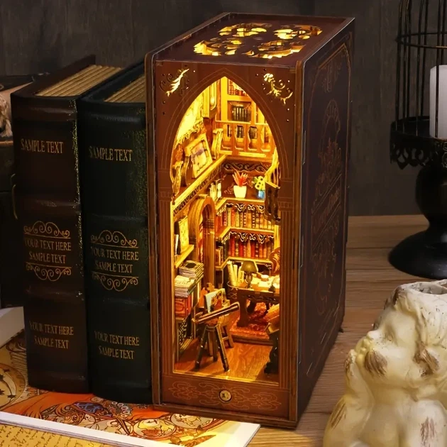 Конструктор букнук книжкова бібліотека на книжкову поличку любителям книг, Book nook Book-Library, клей та батарейки у комплекті - изображение 4