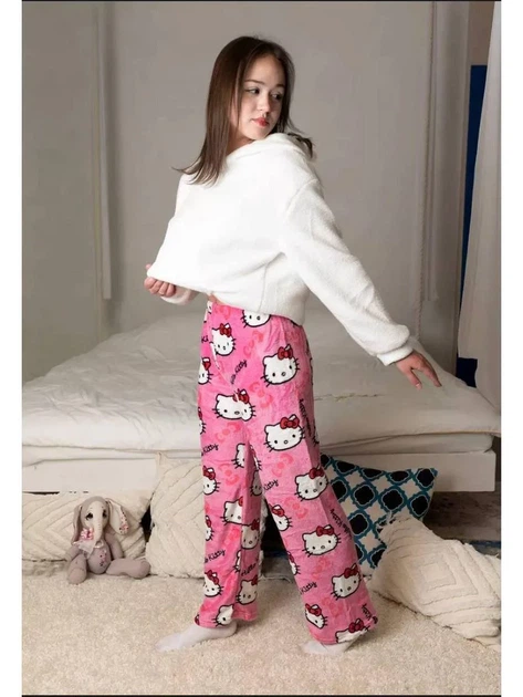 Пижамные штаны Hello kitty широкие трендовые плюшевые розовые - изображение 3