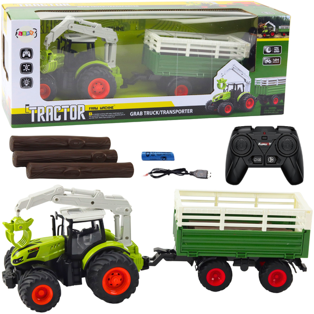 Traktor rolniczy zdalnie sterowany Lean Toys z przyczepą i chwytakiem 2.4G (21205) (5905991037002) - obraz 2