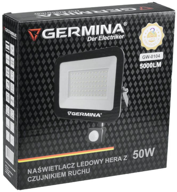 Світлодіодний прожектор Germina GW-0104 з датчиком руху 50 Вт 5000 лм 6400 К Hera - зображення 2
