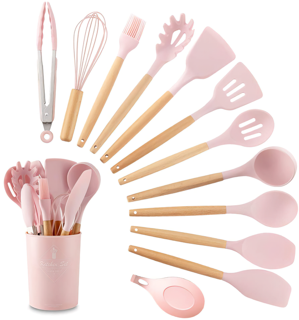 Набор кухонных принадлежностей из силикона и дерева с подставкой Kitchen Set 12 предметов Розовый (HA-50) - изображение 3