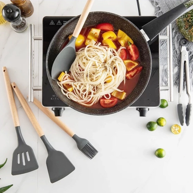 Набор кухонных принадлежностей из силикона и дерева с подставкой Kitchen Set 12 предметов Черный (HA-50) - изображение 4