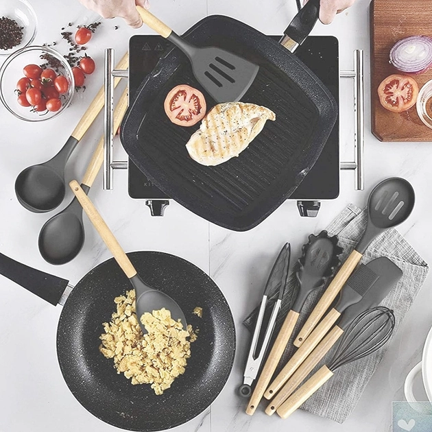 Набор кухонных принадлежностей из силикона и дерева с подставкой Kitchen Set 12 предметов Черный (HA-50) - изображение 5