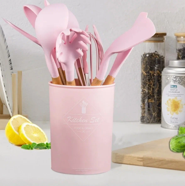 Набор кухонных принадлежностей из силикона и дерева с подставкой Kitchen Set 12 предметов Розовый (HA-50) - изображение 4