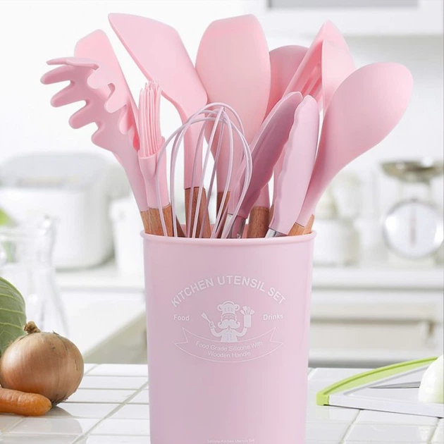 Набор кухонных принадлежностей из силикона и дерева с подставкой Kitchen Set 12 предметов Розовый (HA-50) - изображение 5