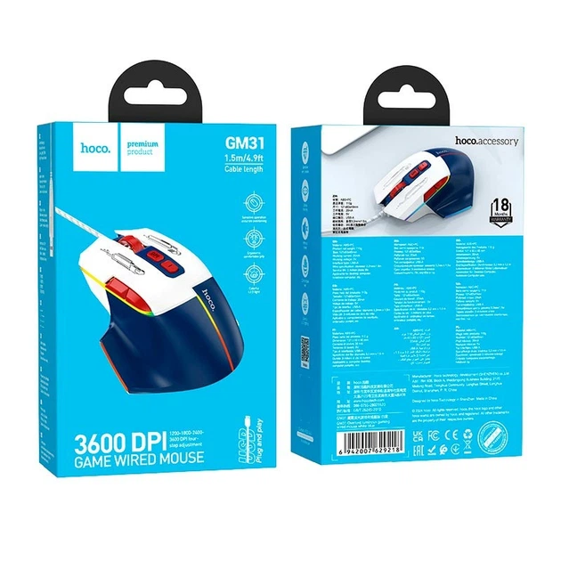 Миша Hoco GM31 White/Blue - Фото 3 Миша Hoco GM31 White/Blue - зображення 3