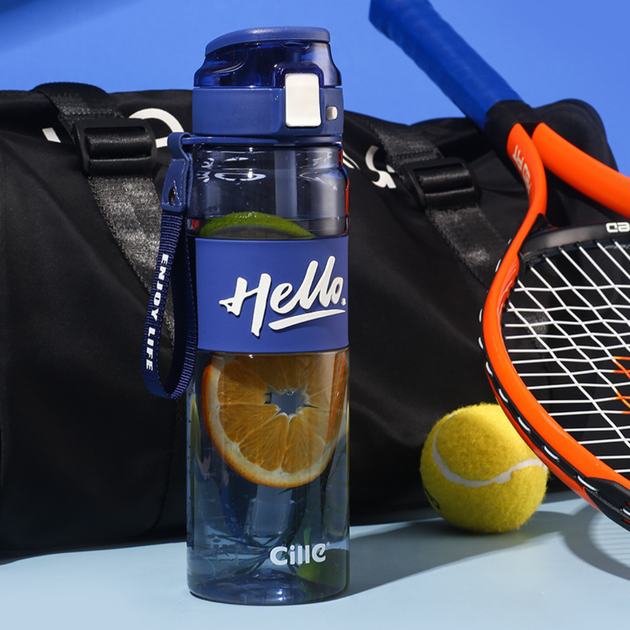 Пляшка для води спортивна Cille Hello 860 мл тританова пляшечка для спорту фляга з ремінцем і мішком зі шкалою Синій - зображення 4
