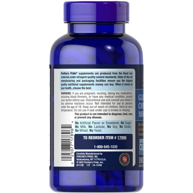 Препарат для суставов и связок Puritan's Pride Chondroitin Glucosamine MSM 2 Per Day Formula, 180 каплет - изображение 3