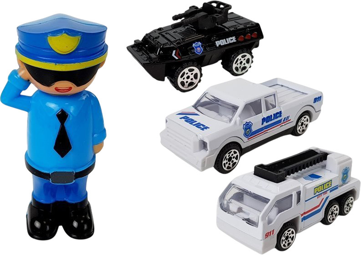 Zestaw samochodzików Lean Toys Wóz policyjny z funkcją garażu + 3 małe autka + figurka policjanta efekty dźwiękowe i świetlne (7537) (5904665996966) - obraz 4