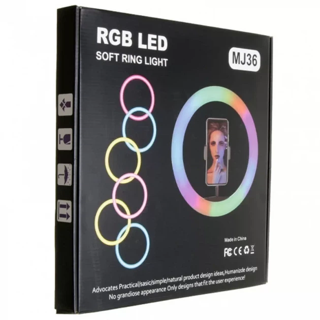 Кольцевая RGB лампа MJ36 с тремя креплениями для телефонов управление на проводе диаметр 36 см - изображение 4