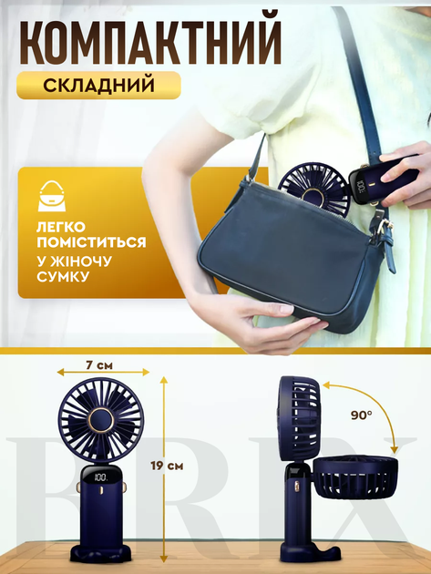 Портативный вентилятор на шею с цифровым дисплеем и встроенным аккумулятором 5 скоростей 1200mAh Темно-синий - изображение 4