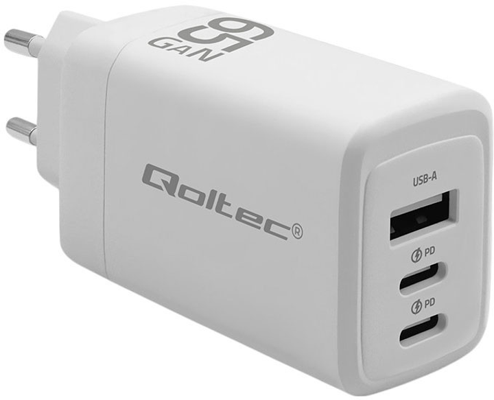 Ładowarka sieciowa Qoltec GaN 65W 5-20V 2x USB-C PD 1x USB QC 3.0 White (5901878518220) - obraz 1